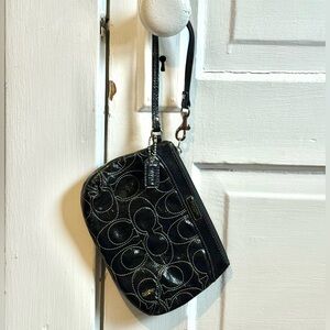 Coach Signature “C” Black Patent Leather Patterned Wristlet